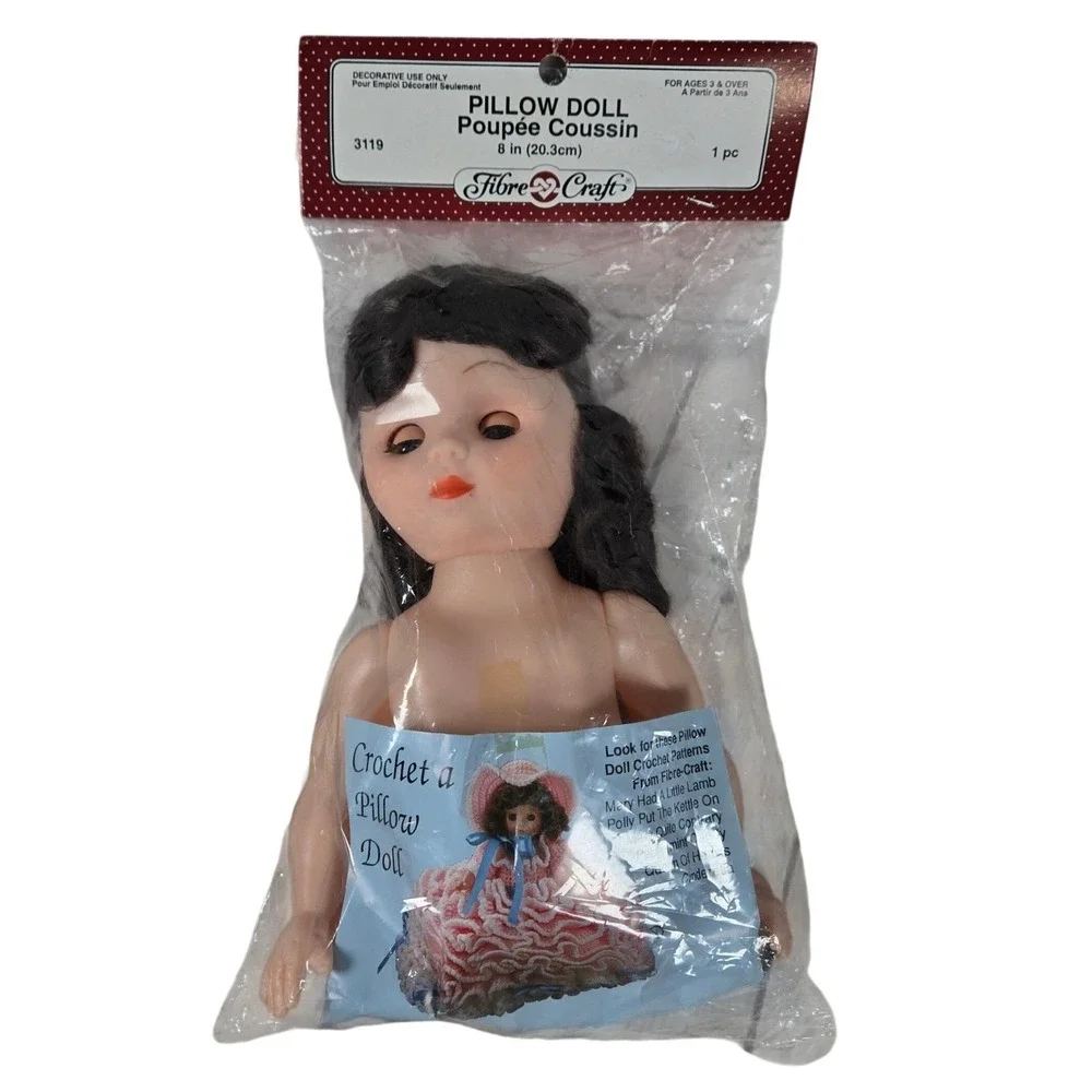 Fibre Craft Pillow Doll 8in Blue Eyes Brunette Crochet Pattern Base 3119 Vintage